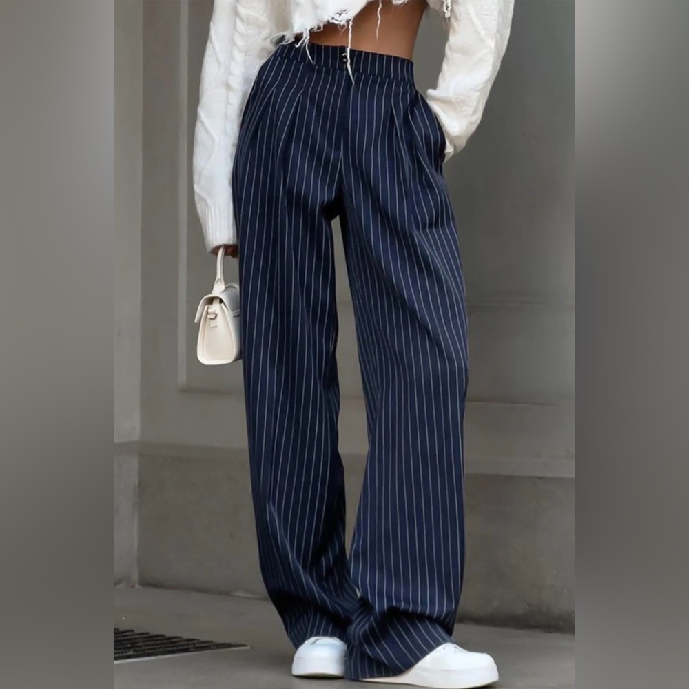 Pinstripe Pleated Wide-Leg Pants